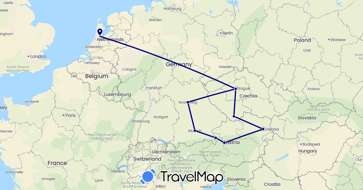 TravelMap itinerary: driving in Austria, Czech Republic, Germany, Netherlands (Europe)